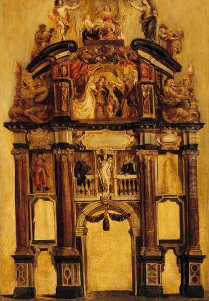 De achterzijde van de triomfboog van Filips IV. Oil Painting by (studio of) Rubens, Peter Paul