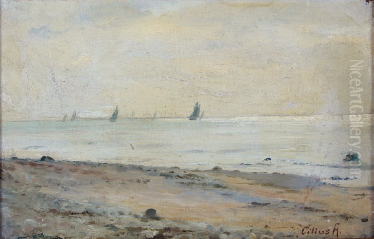 Sailing boats near a beach. Oil Painting by Cilius Andersen