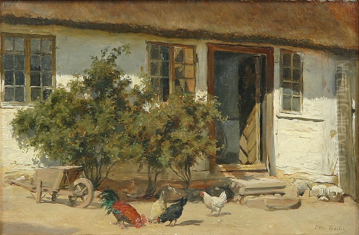 Gardsplads med hons og hane. Oil Painting by Otto Bache