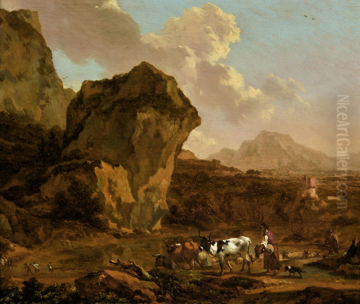 An Italianate mountain landscape with a peasant woman herding her cattle Oil Painting by Nicolaes Pieterszoon Berchem