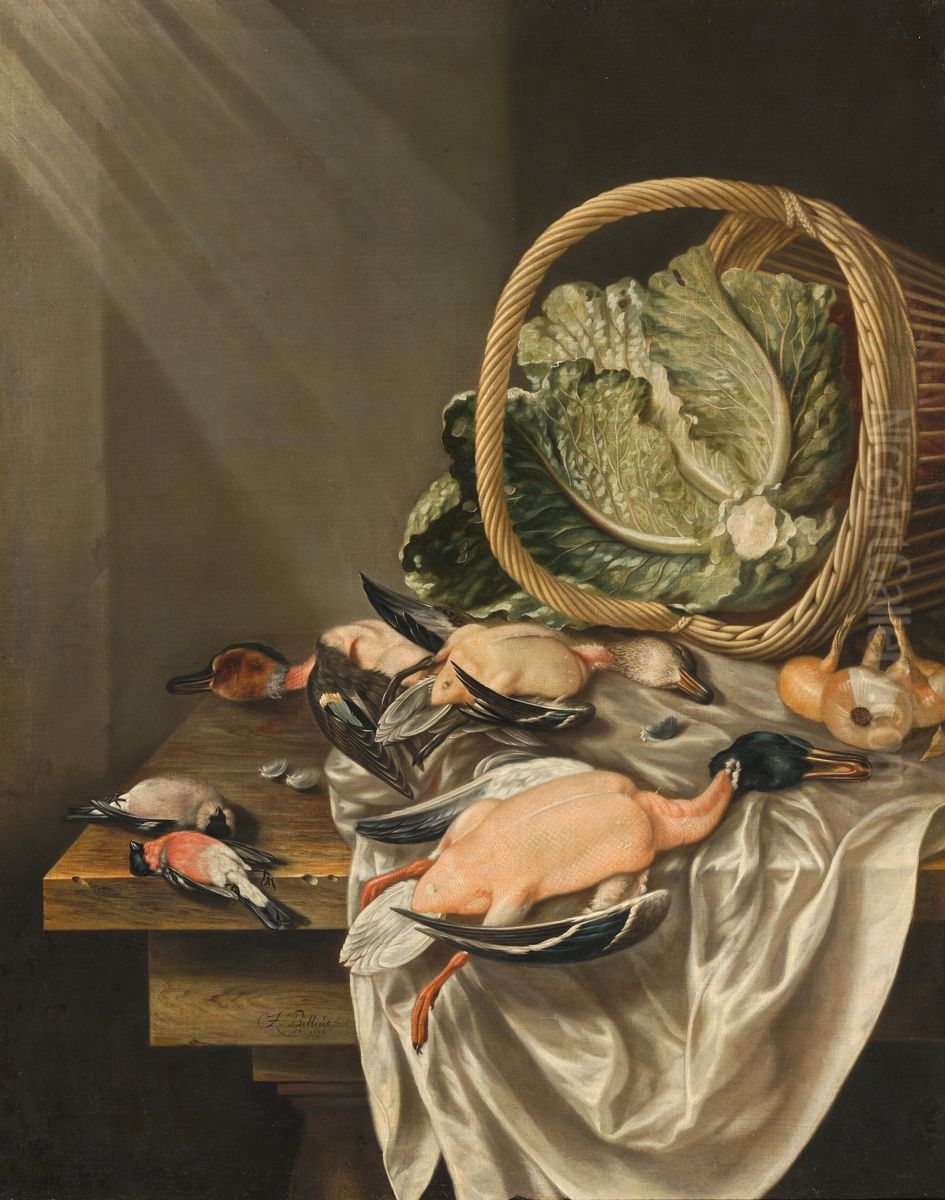 Kitchen still life with an overturned basket of lettuce, game and vegetables Oil Painting by Jacob Biltius