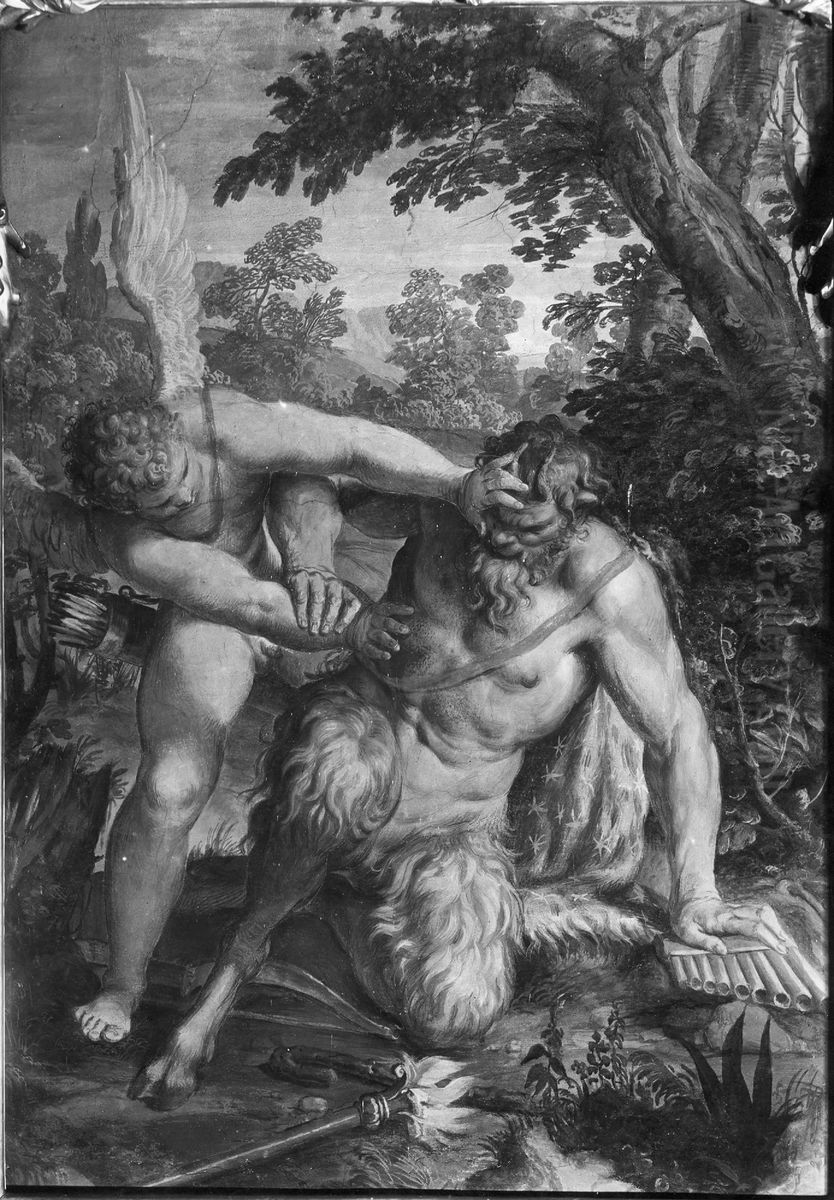 Cupid and Pan (Amor omina vincit) Oil Painting by Agostino Carracci