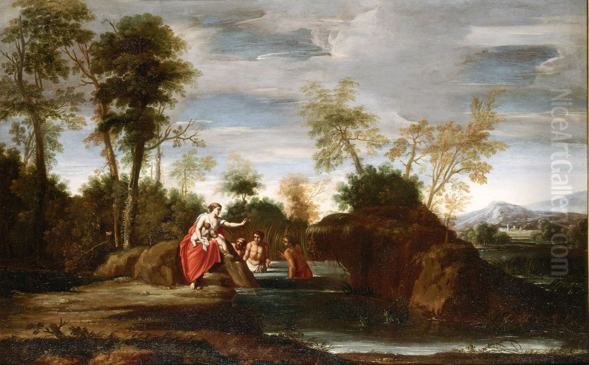 Latona, with her children Apollo and Diana, turning the Lycian peasants into frogs Oil Painting by Antonio Marziale Carracci