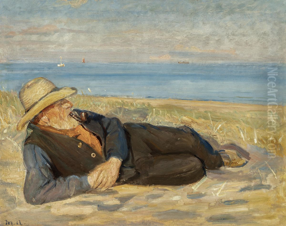 A Skagen fisherman lying on the beach in the evening sun. Oil Painting by Michael Peter Ancher