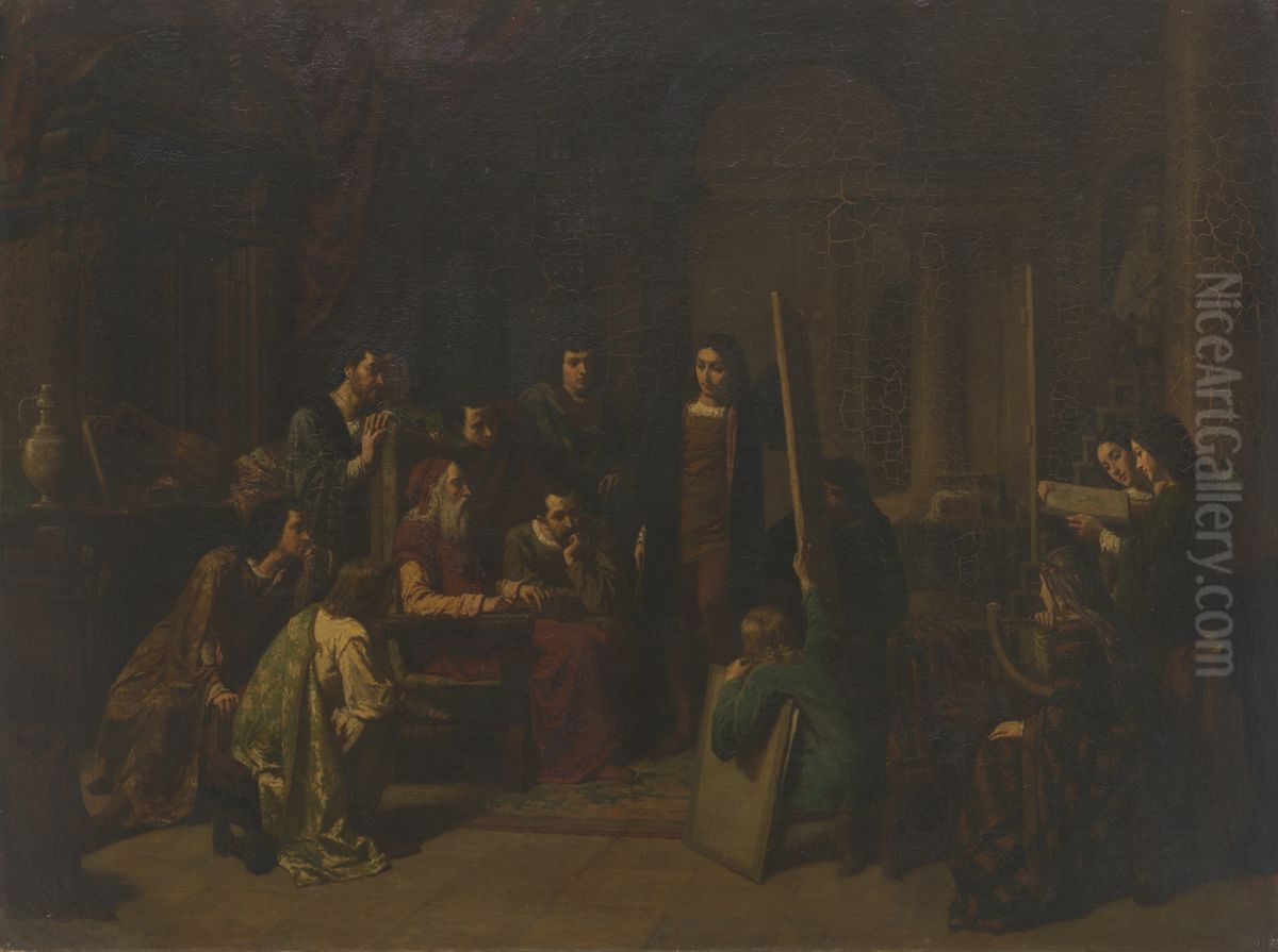 Leonard de Vinci au milieu de ses eleves Oil Painting by Jean-Baptiste Jules Trayer