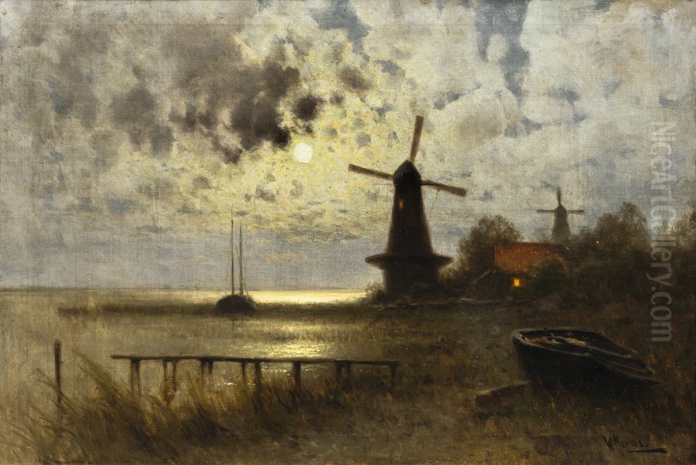 Wind Mill in Moonlight Oil Painting by Walter Moras