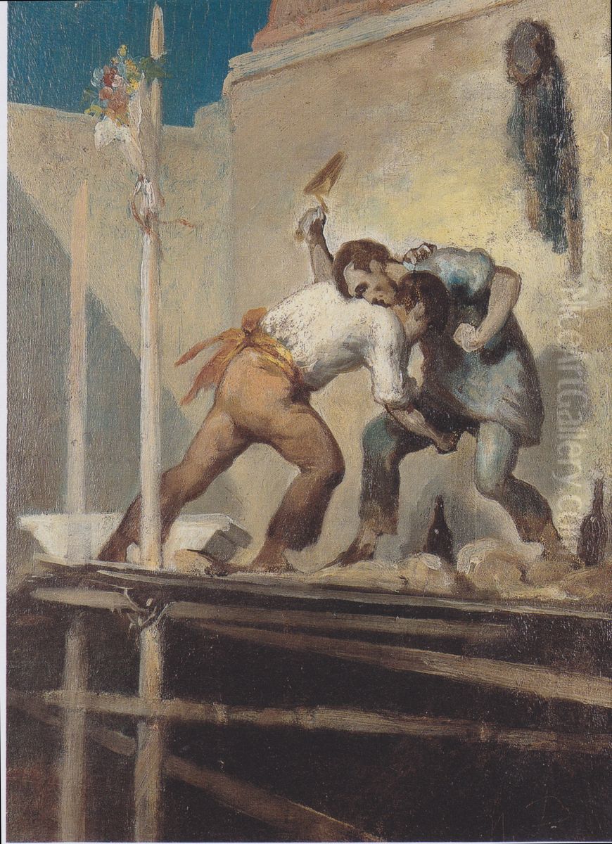 Fighting bricklayers Oil Painting by Honore Daumier