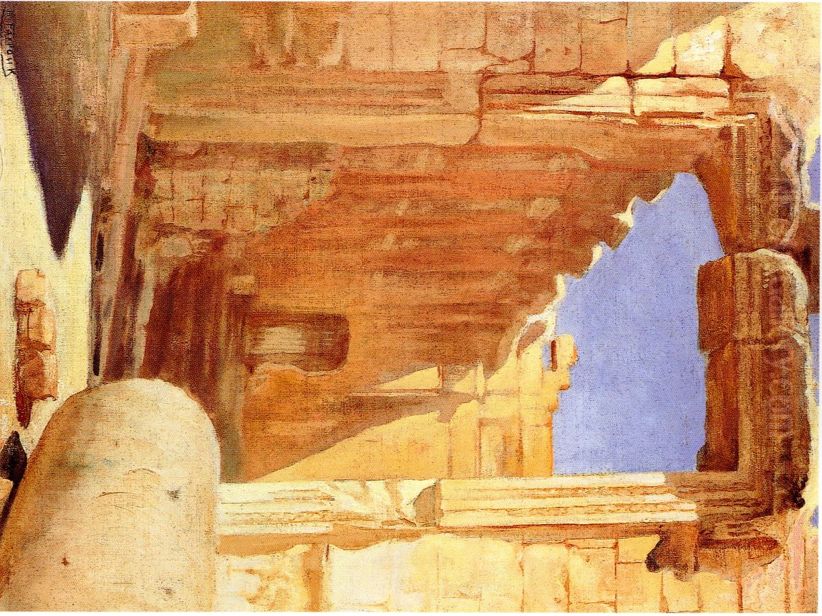 Baalbeck, Temple De Bacchus. Oil Painting by Moustafa Farroukh