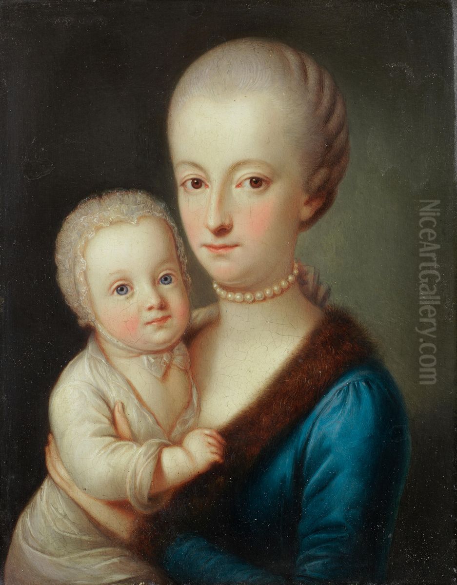 Portrait of a lady in a blue dress and fur mantle, holding her child Oil Painting by Karl Agricola