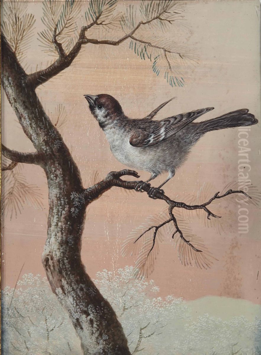 Tit on a branch Oil Painting by Christoph Ludwig Agricola