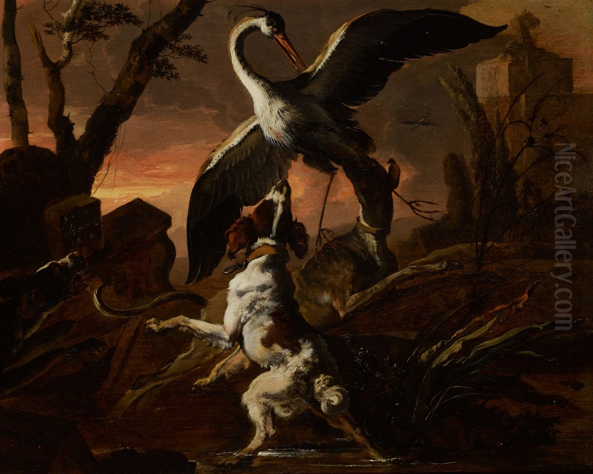 Three dogs attacking a crane in a landscape Oil Painting by Abraham Danielsz. Hondius