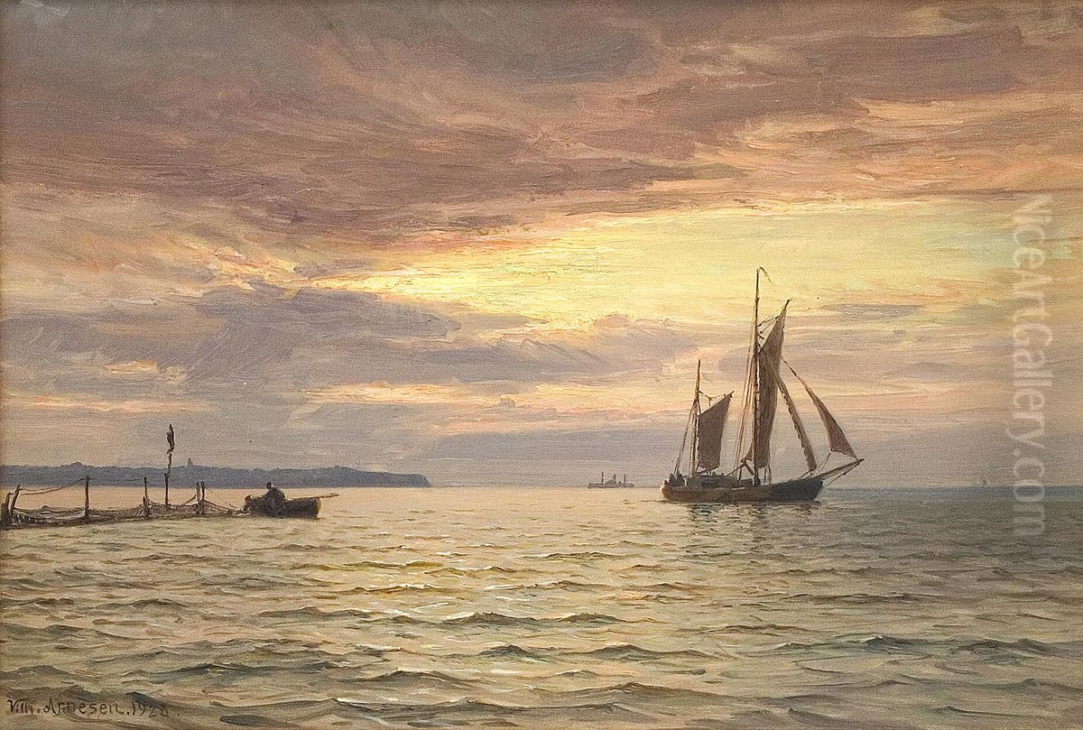 Morning in the Sound. Fishermen at their nets. Oil Painting by Vilhelm Arnesen