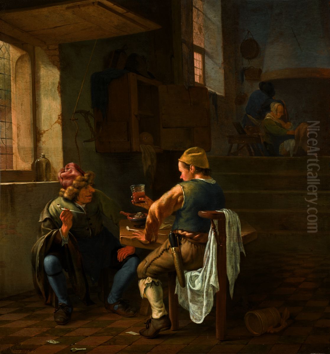 A tavern scene with peasants smoking and drinking Oil Painting by Johannes Natus