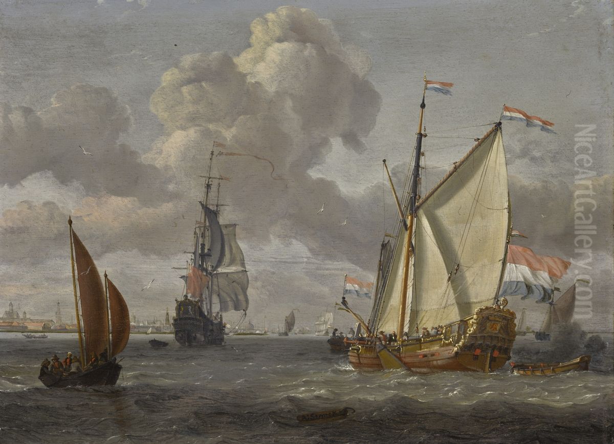 Shipping on the IJ, with a view of Amsterdam beyond Oil Painting by Abraham Storck