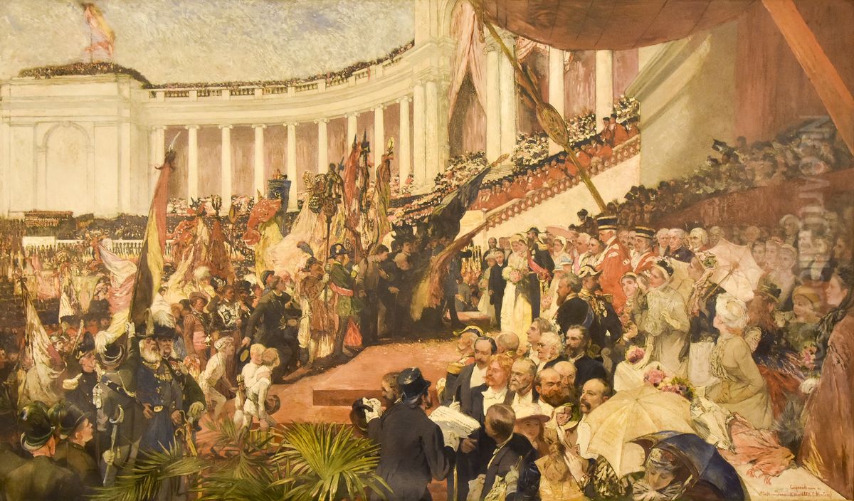 The patriotic celebration of the fiftieth anniversary of the Belgian independence Oil Painting by Camille Van Camp