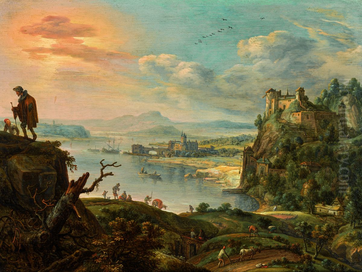 An extensive mountain landscape with a view over a river valley Oil Painting by Herman Saftleven