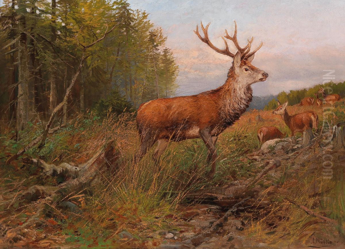 Sichernder Rothirsch Oil Painting by Albert Ernst Muhlig