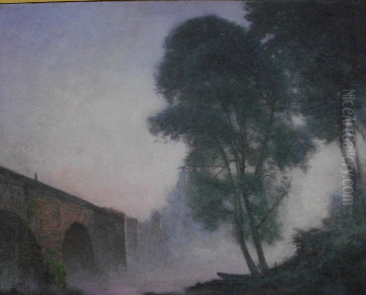 Brume sur vieux pont de Mantes Oil Painting by Albert Dagnaux