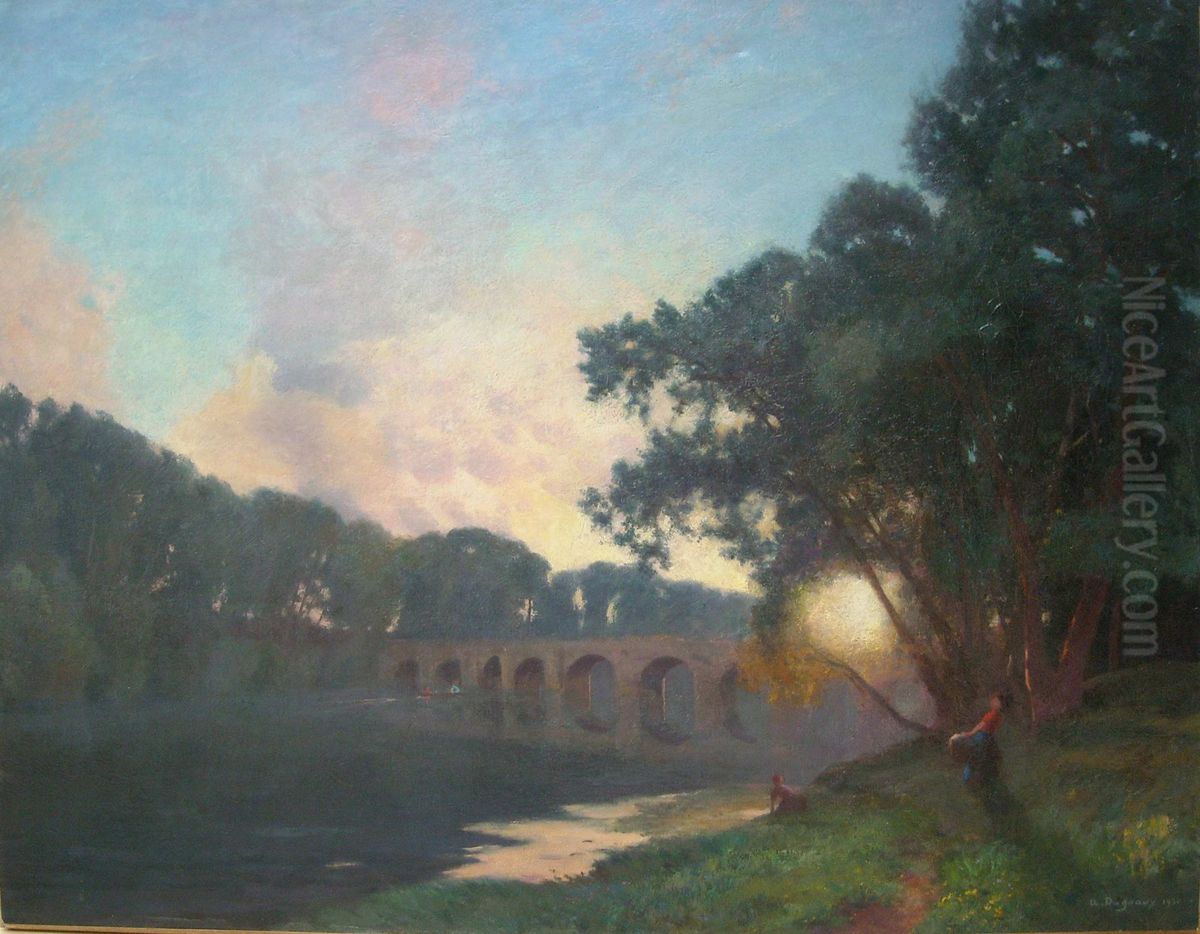 Lavandieres au pont de Mantes Oil Painting by Albert Dagnaux
