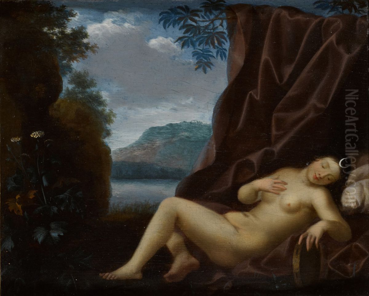 Diana resting with a landscape beyond Oil Painting by Toussaint Gelton