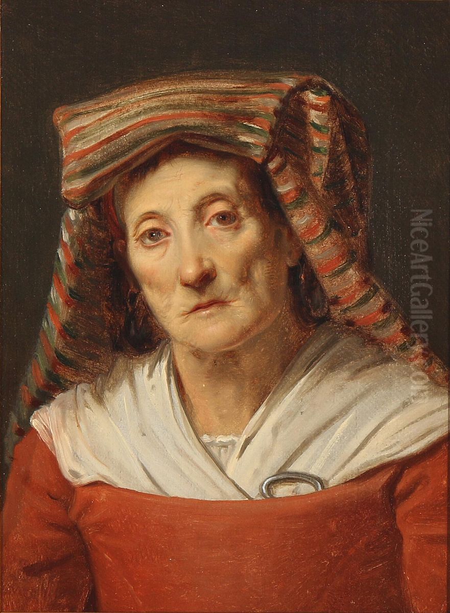 An Italian woman in a red dress and a striped headdress Oil Painting by Albert Kuchler