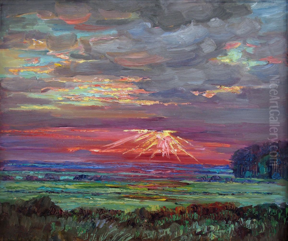 Sonnenuntergang (uber flacher Landschaft) Oil Painting by Albert Konig