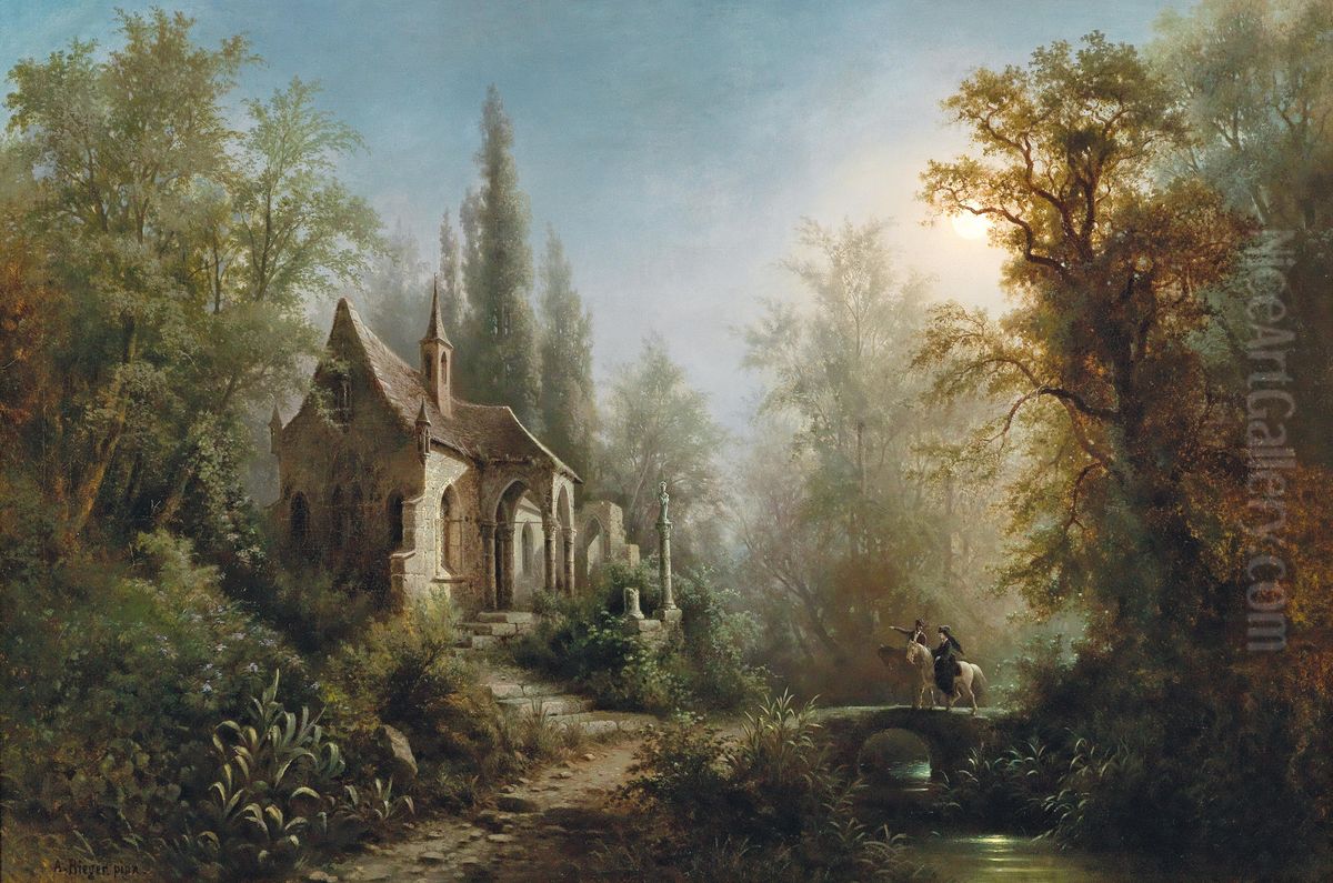 A Moonlit Night over a Chapel and Riders Oil Painting by Albert Rieger