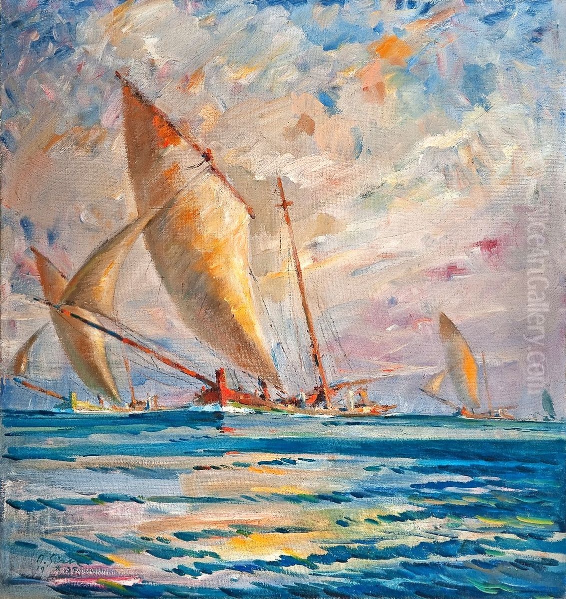 Jadrnice se vracajo z ulova v jutru Oil Painting by Albert Sirk