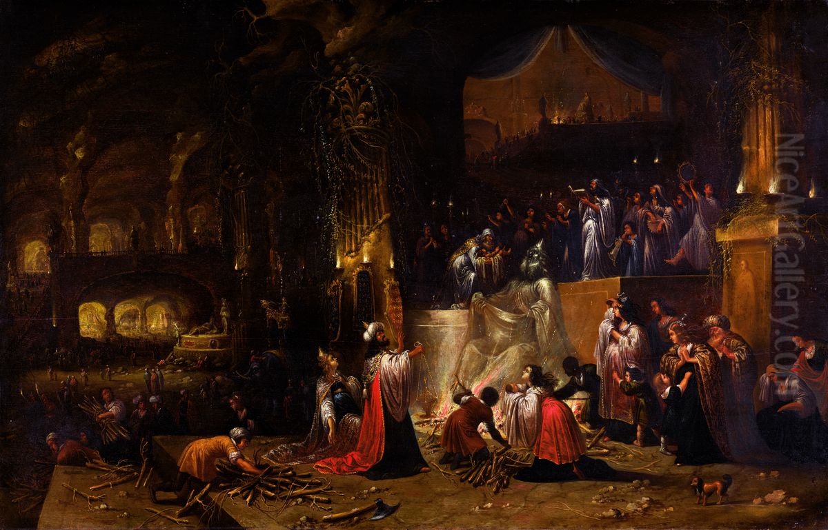King Ahaz sacrifices his son to Moloch Oil Painting by Rombout Van Troyen