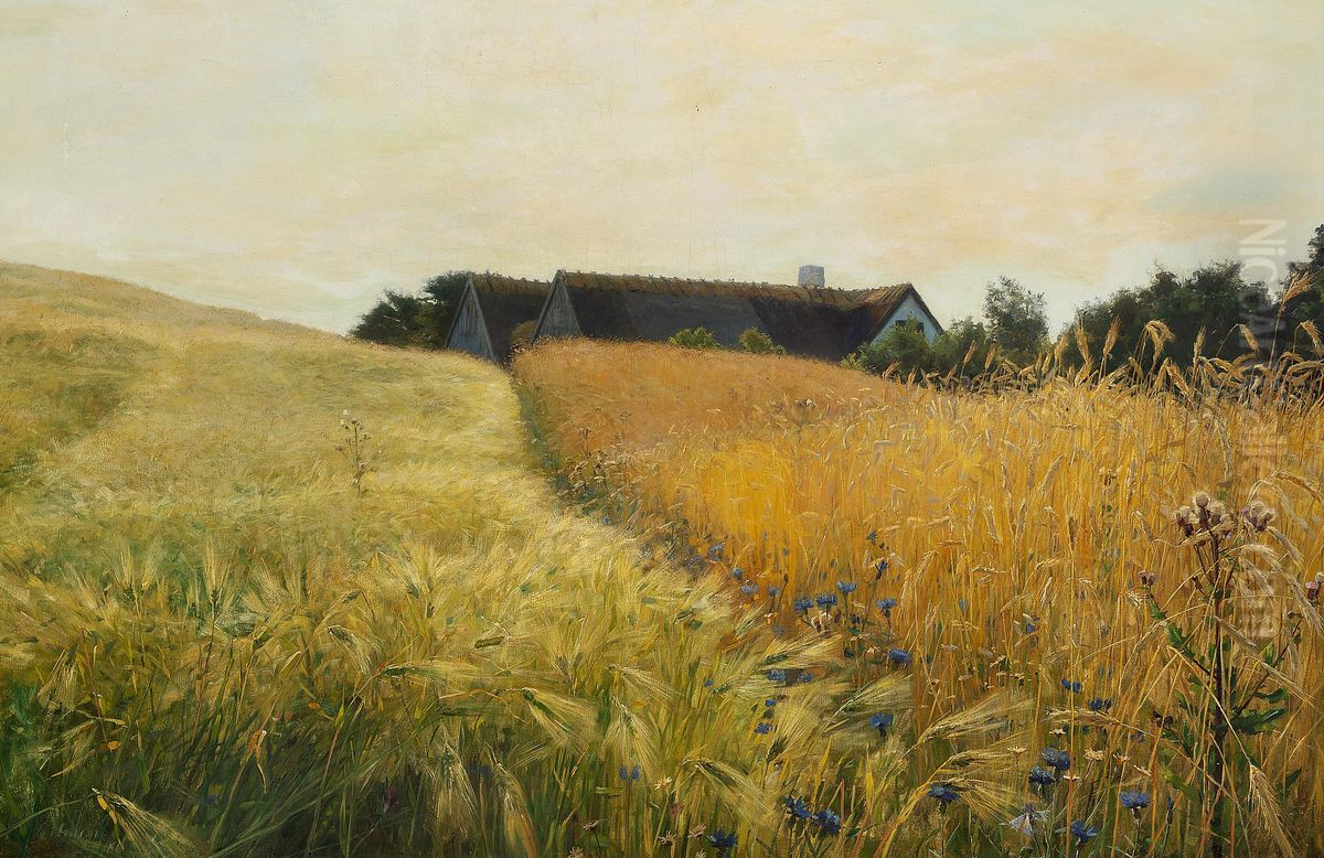 Summer landscape with a thatched farm. Oil Painting by Georg Achen