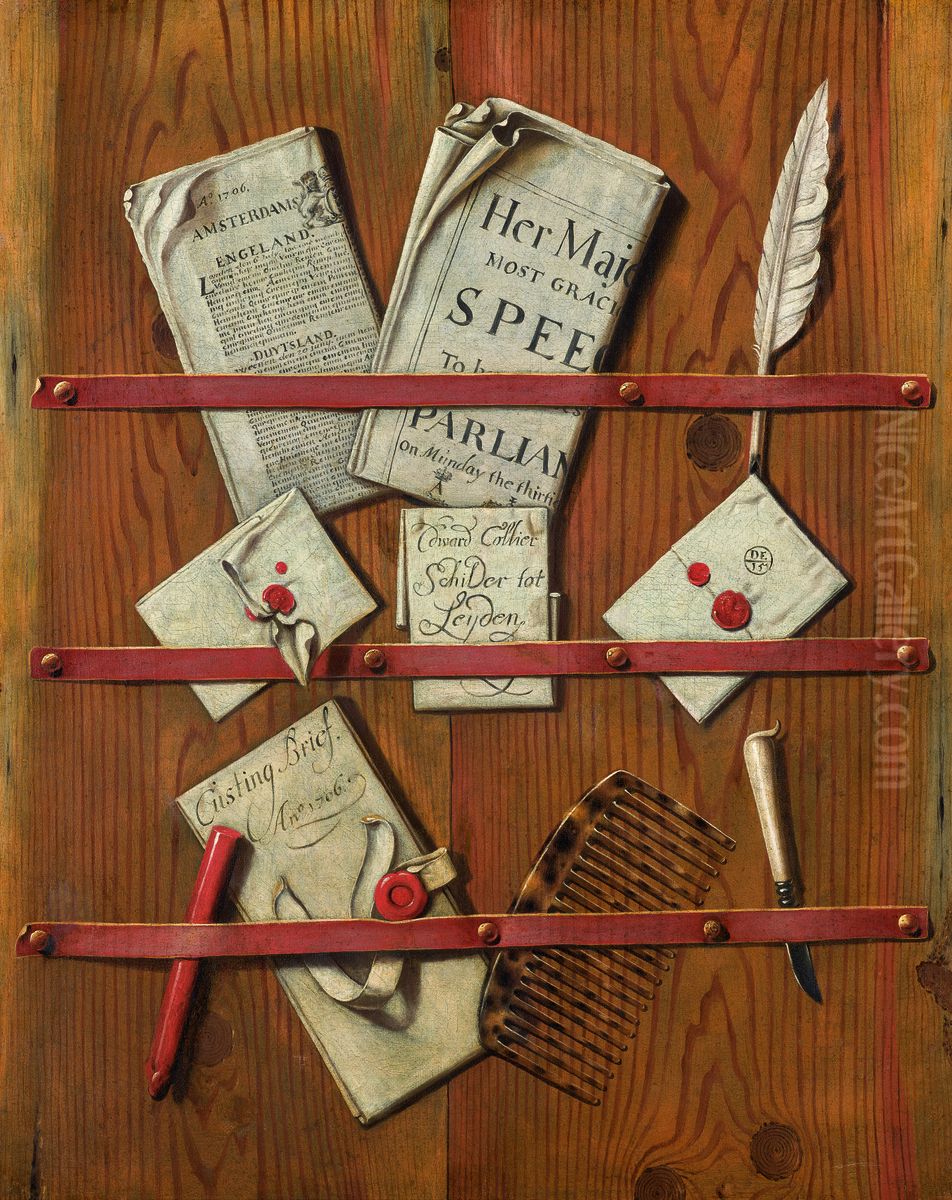 Trompe l'oeil with a letter rack holding newspapers, letters, writing equipment and a comb Oil Painting by Evert Collier