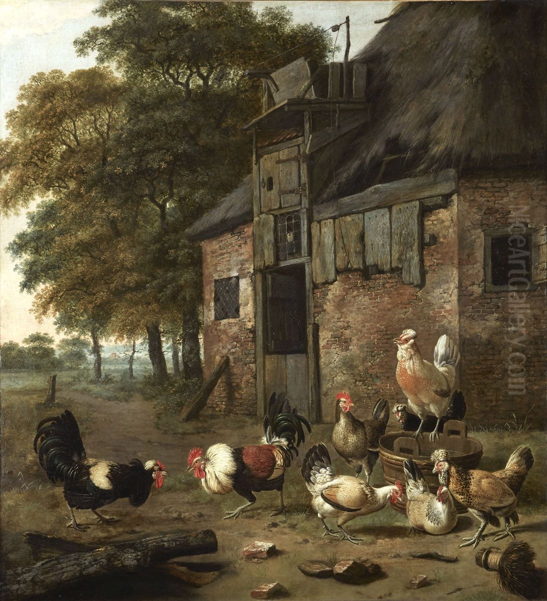 Poultry yard with two cocks fighting Oil Painting by Dirck Wijntrack