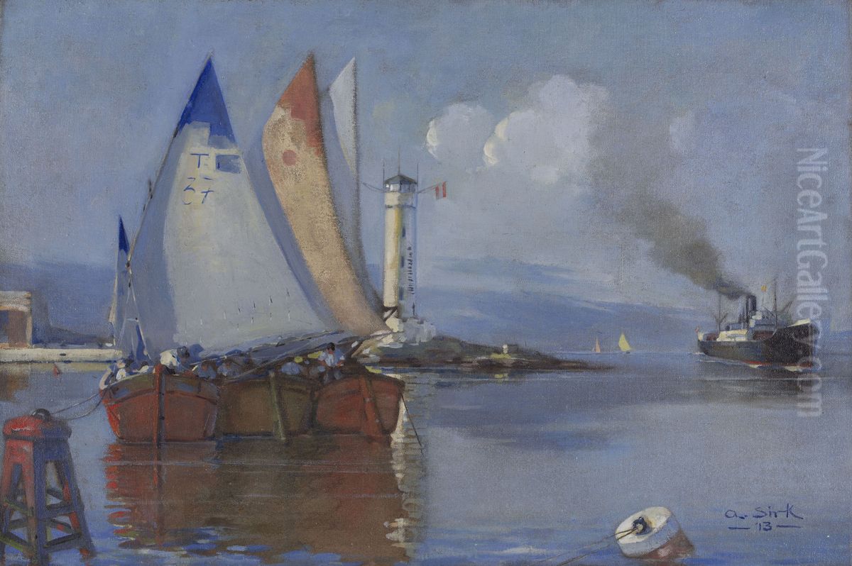 Prihod ladij v pristanisce Oil Painting by Albert Sirk