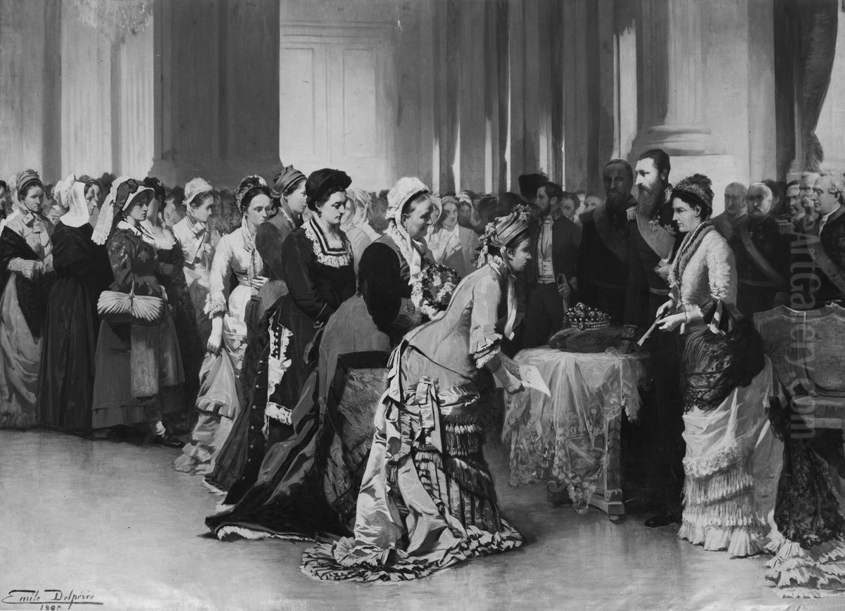 Presentation of the gift to the Queen during the twenty-fifth wedding anniversary in 1878 Oil Painting by Emile Delperee