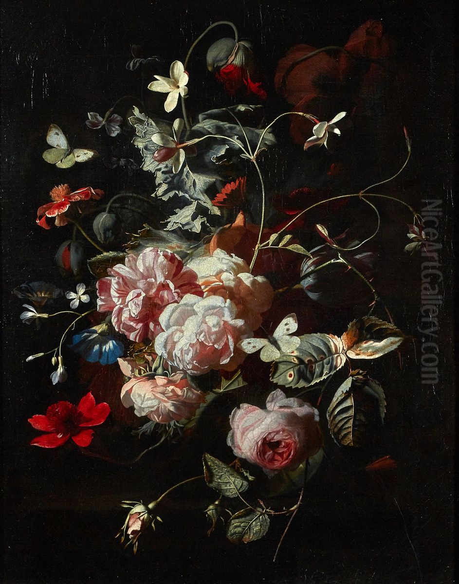 Still life of pink roses, poppies, jasmine and other flowers, in a glass vase on a table, with butterflies Oil Painting by Simon Pietersz Verelst