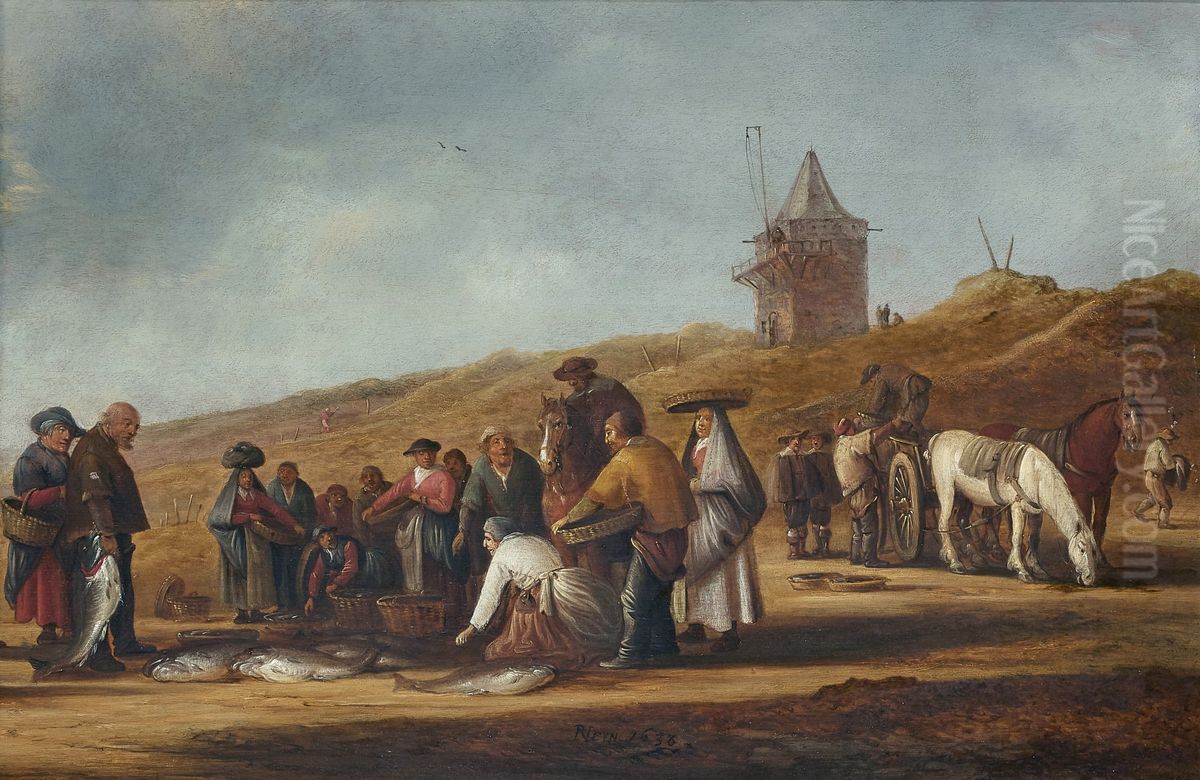 Landscape with fish vendors on the beach Oil Painting by Pieter de Neyn