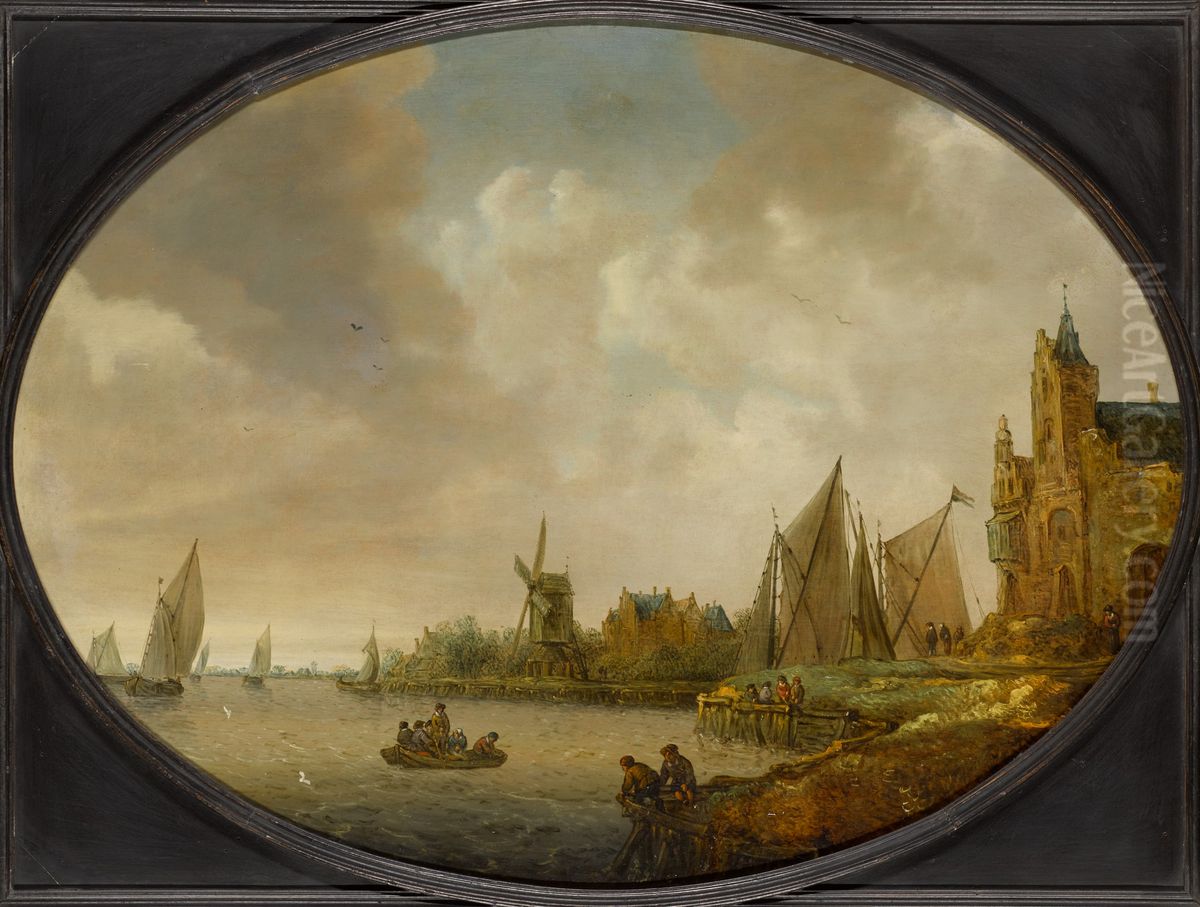 River landscape with a windmill, a port building, and sailing vessels Oil Painting by Jan Coelenbier