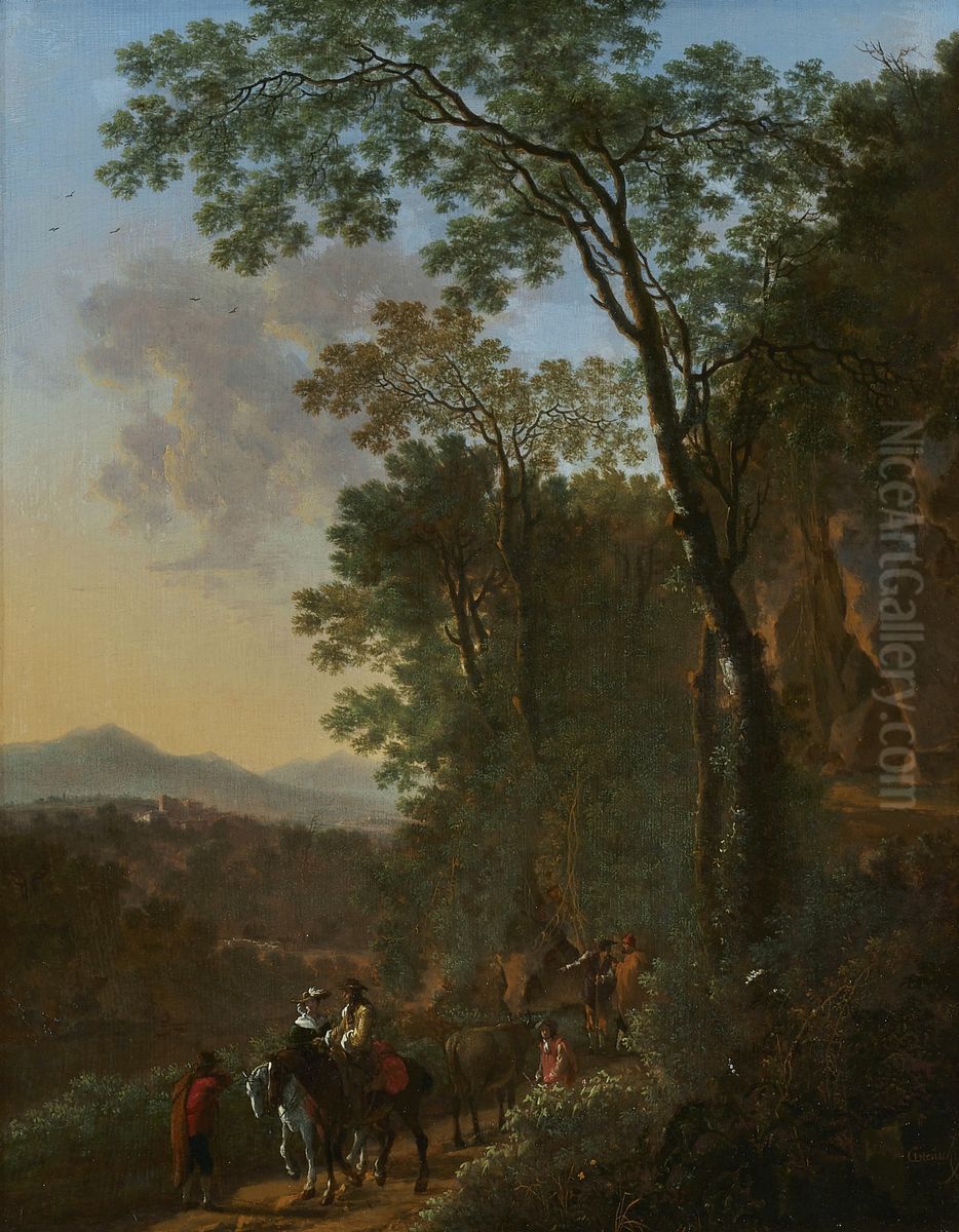An elegantly dressed couple on horseback on a path with other travellers in a southern landscape Oil Painting by Willem de Heusch