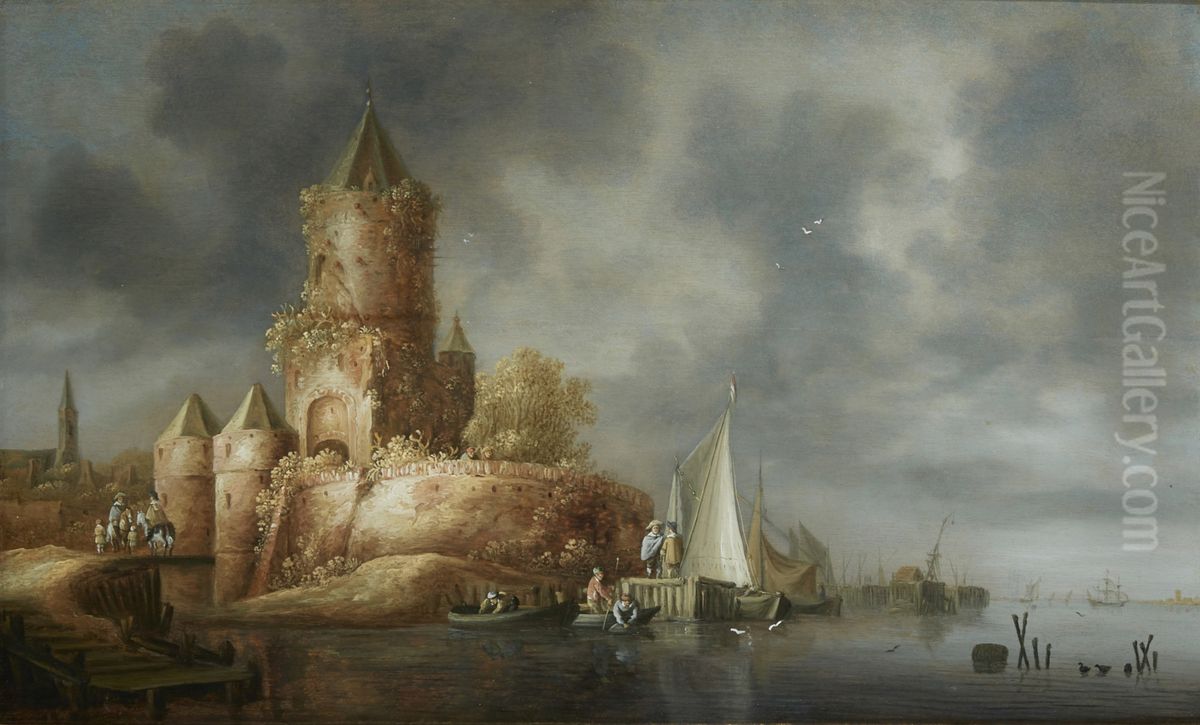 River landscape with a tower on the bank Oil Painting by Wouter Knijff