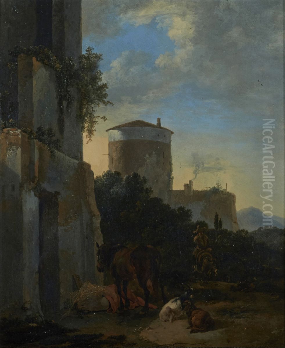 An italianate village street with a horse, goats, and man on a donkey Oil Painting by Adriaen Van Der Cabel