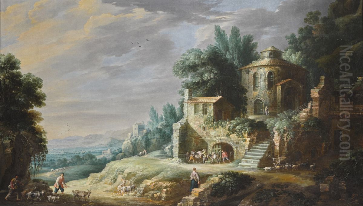 Shepherds and their flock by buildings, in a southern landscape Oil Painting by Gillis Peeters