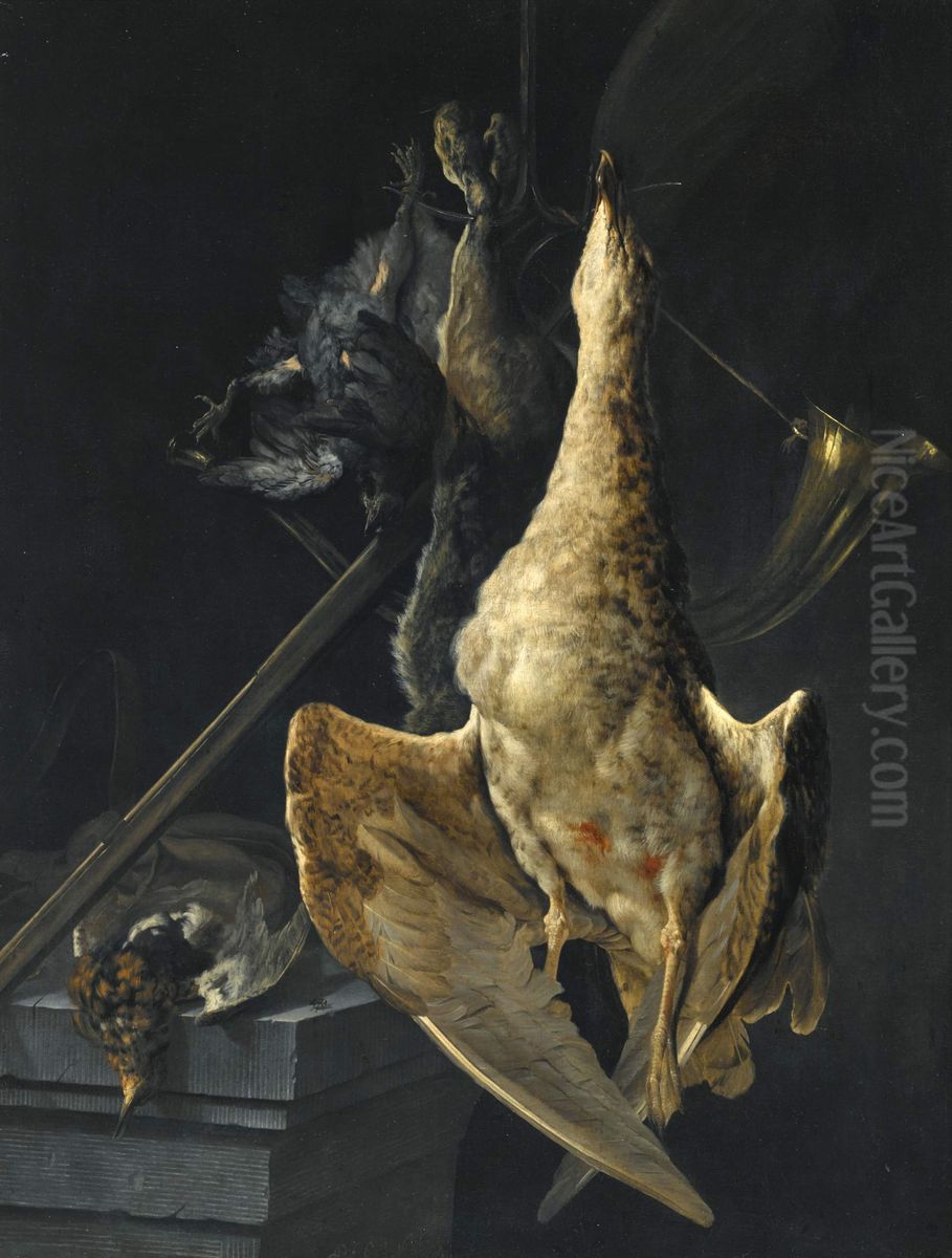Hunting still life with a goose, a hare, a hunting horn, a shotgun and other game Oil Painting by Cornelis Lelienbergh