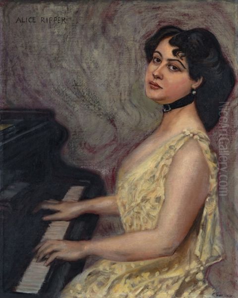 The pianistAlice Ripperat a grand piano Oil Painting by Albert von Keller