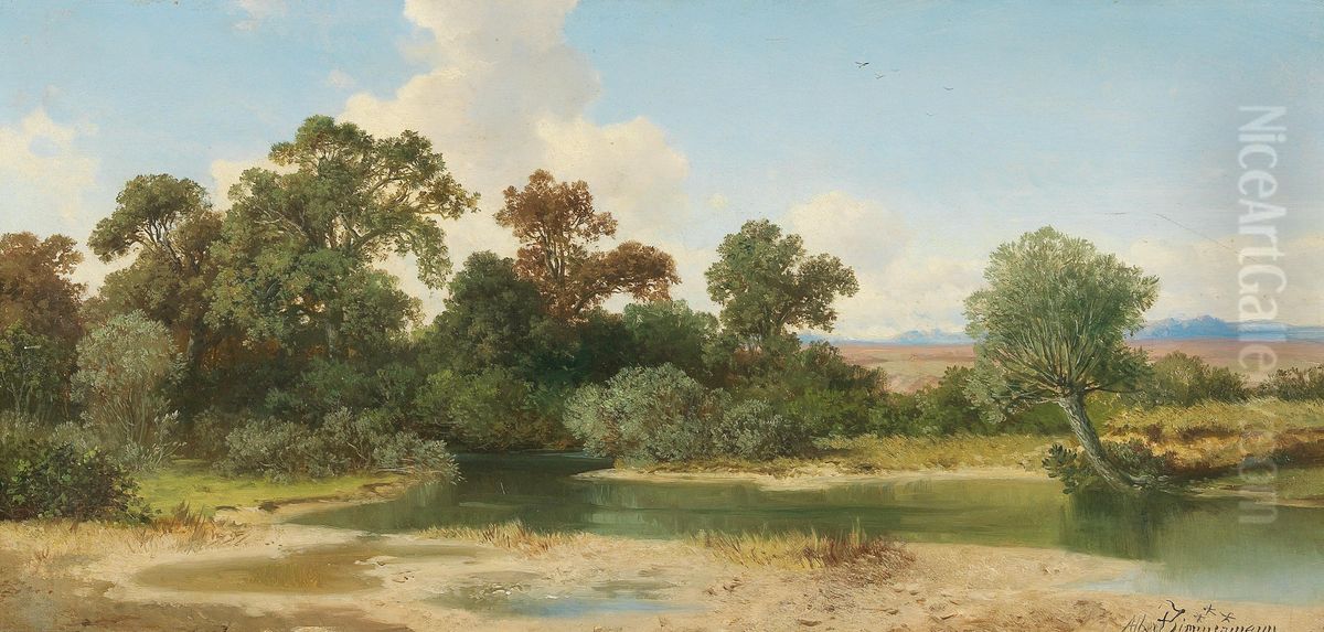 Open Landscape with the Alpine Foothills and Stream Oil Painting by Albert Zimmermann
