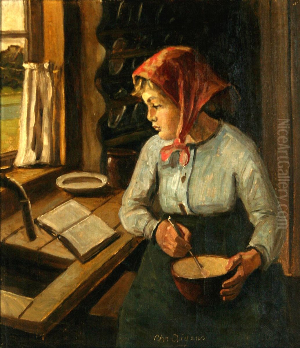 Lille pige med hovedtorklaede ved et vindue. Oil Painting by Christian Aigens