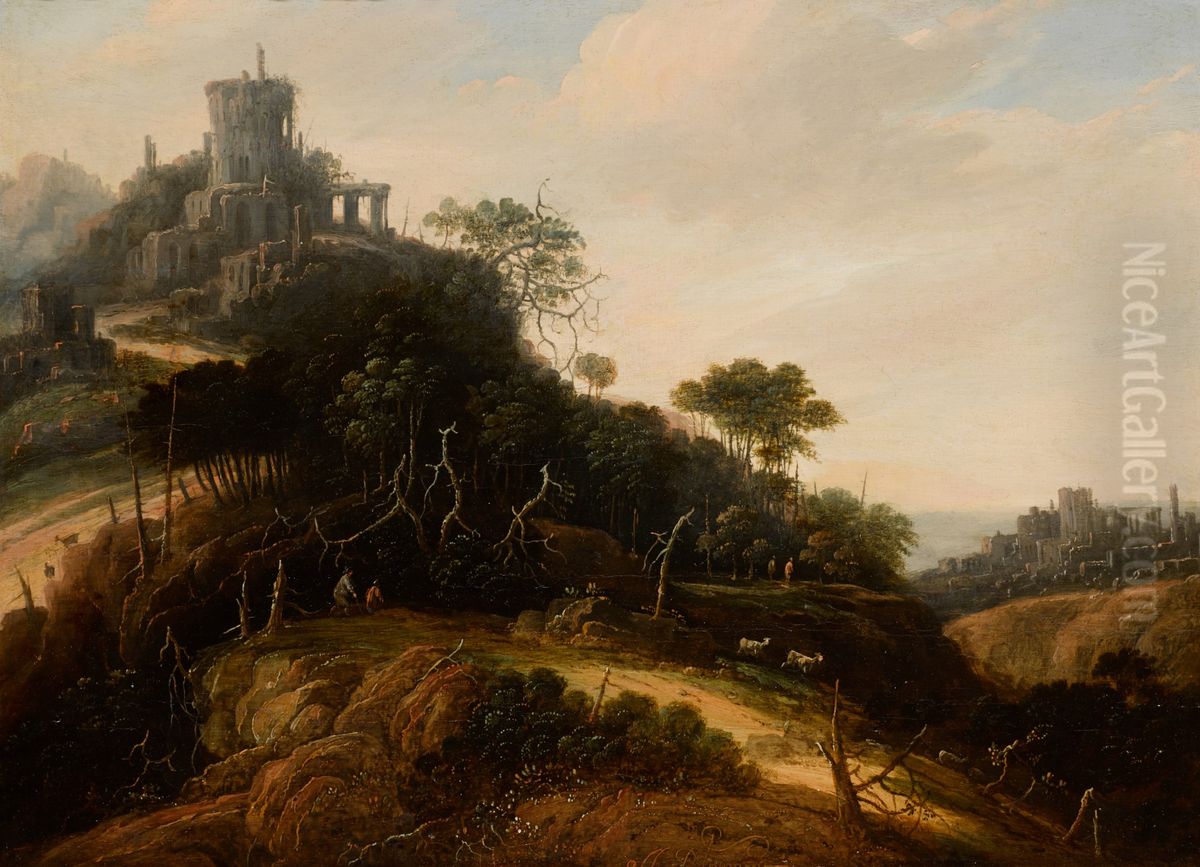 An imaginary mountainous landscape, with figures, animals, and castle ruins beyond Oil Painting by Abraham Blommaert