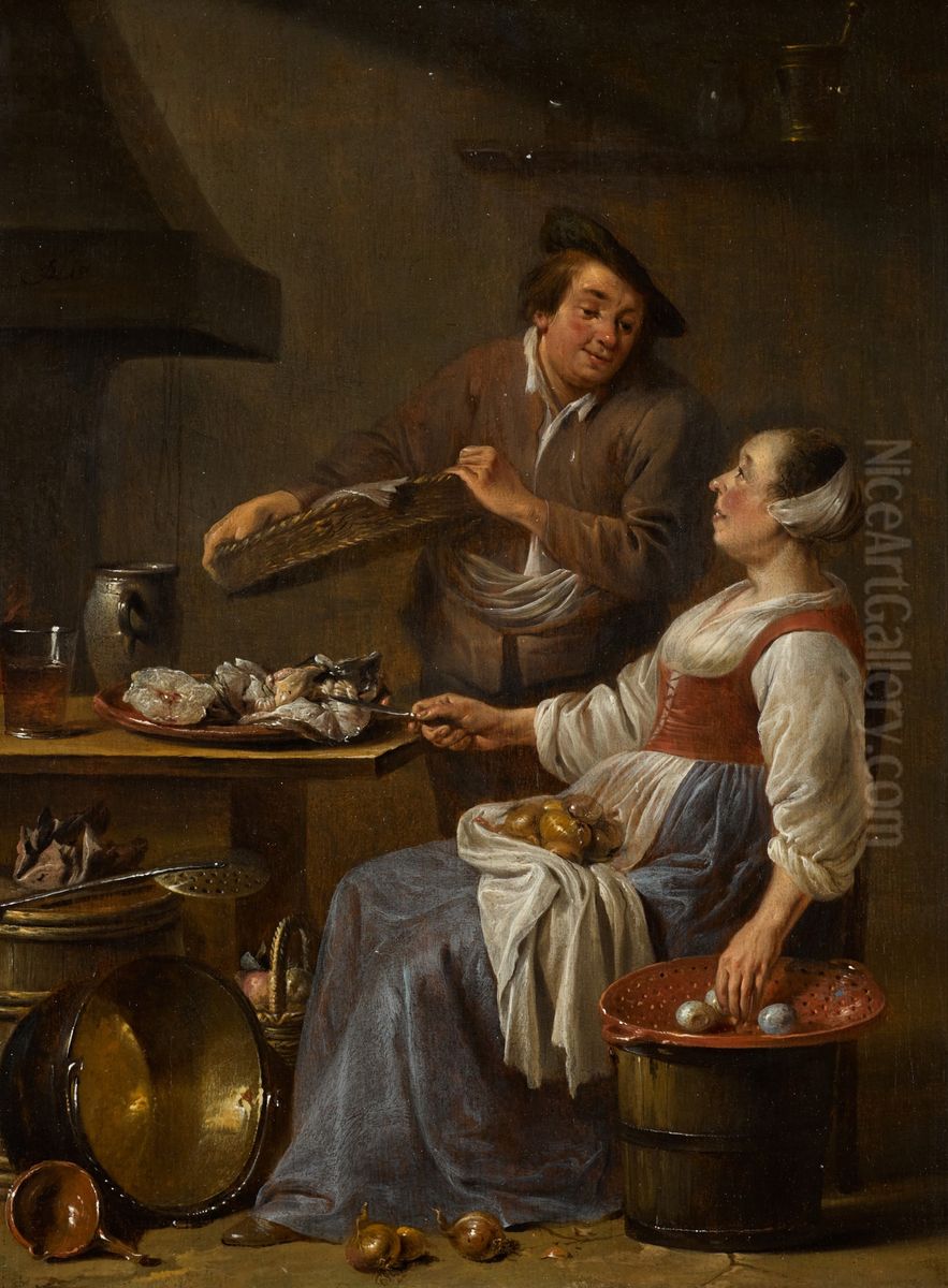 A kitchen maid and a fishmonger in an interior Oil Painting by Jan Olis