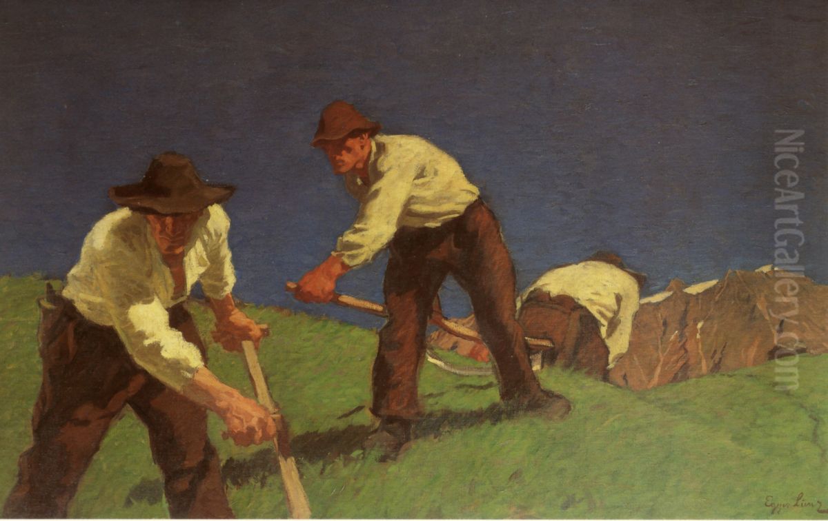 Die Bergmaher (I. Fassung) Oil Painting by Albin Egger-Lienz