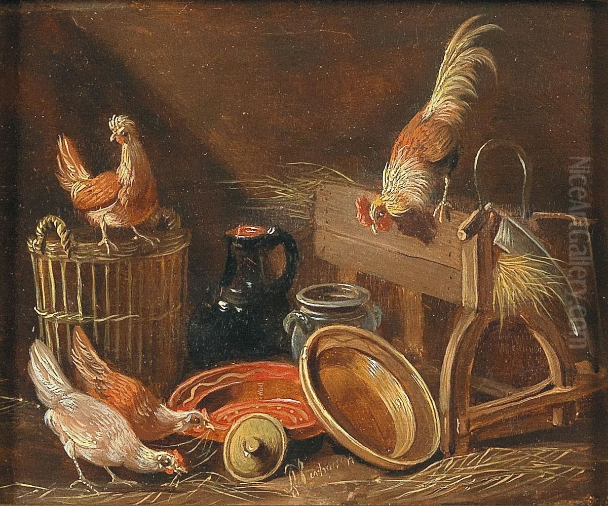 Huhnervolk im Stall Oil Painting by Albertus Verhoesen