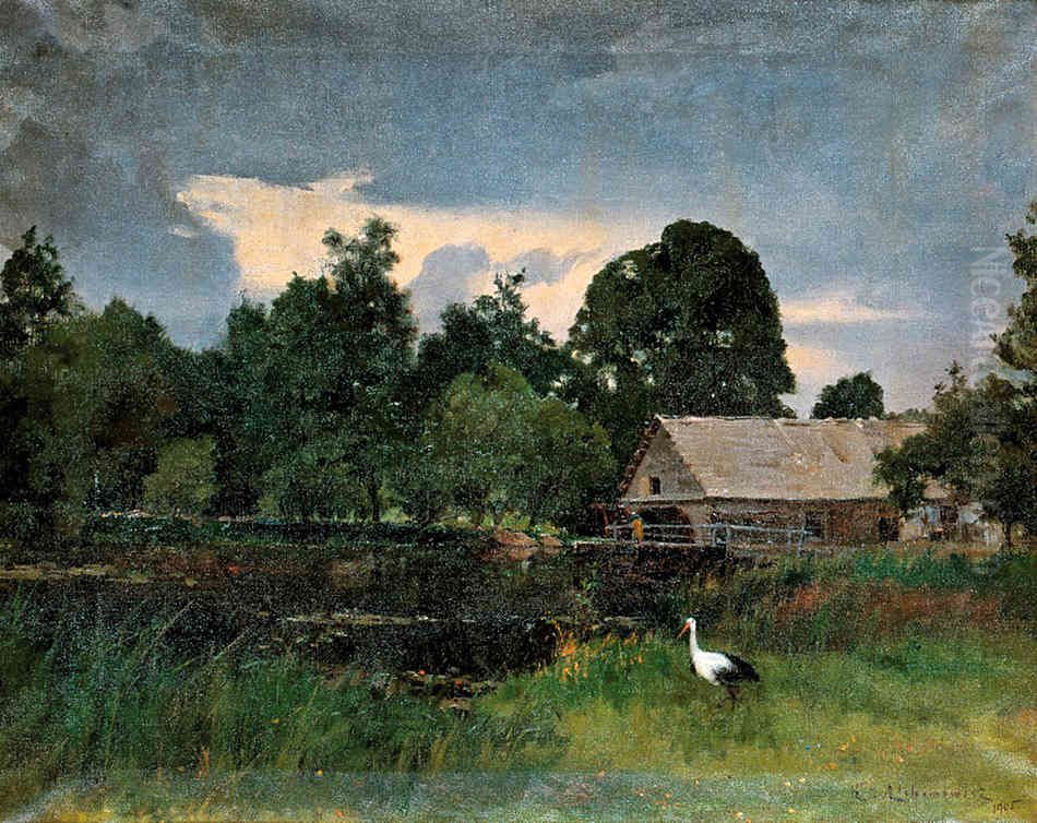 Landscape with a Stork Oil Painting by Kazimierz Alchimowicz
